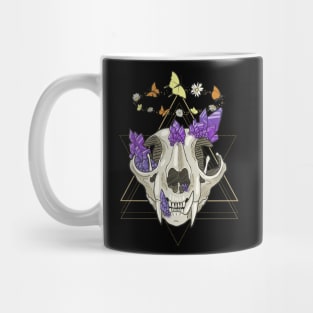 Cat Skull with Crystals, Butterflies, and Geometric Accents on Black Mug